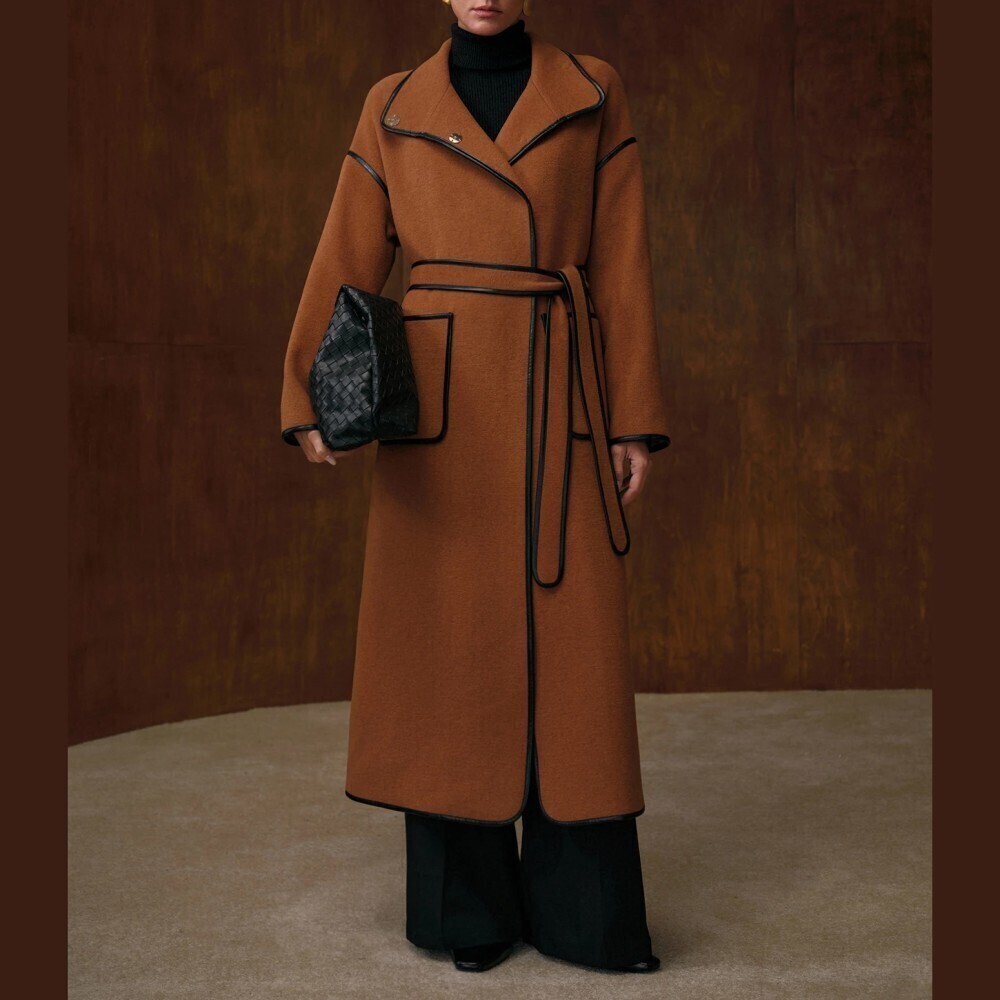 Rust Brown / Black Contrast Piping Trim Belted Midi Coat
